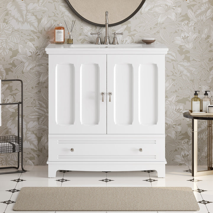 30' Bathroom Vanity with Ceramic Sink, Solid Wood Frame Bathroom Sink