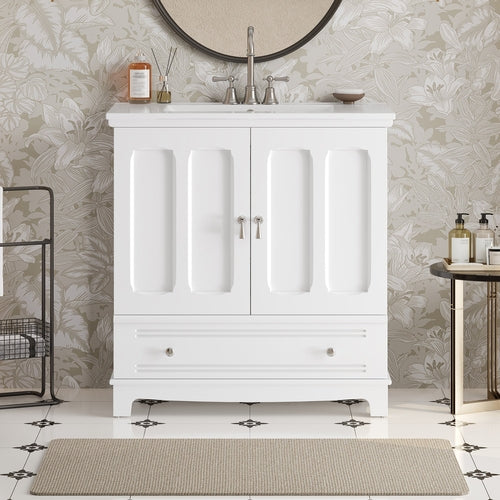 30' Bathroom Vanity with Ceramic Sink, Solid Wood Frame Bathroom Sink