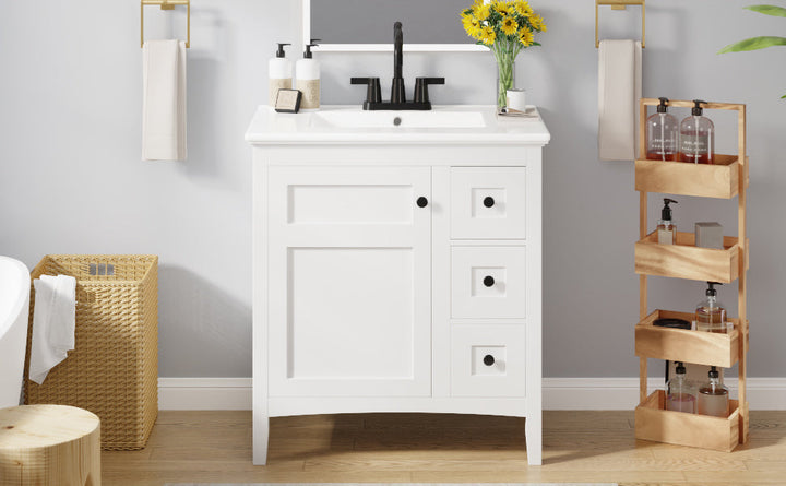 30 Inch Bathroom Vanity with Ceramic Sink, White Bathroom with 3