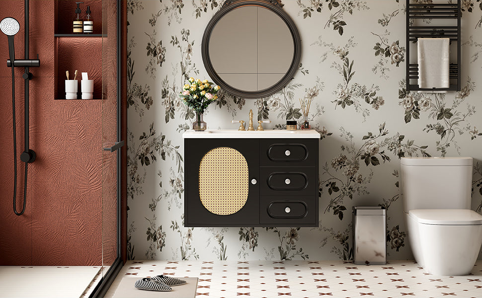 30' Bathroom Vanity with Ceramic Sink, Mid-Century Bathroom Vanity