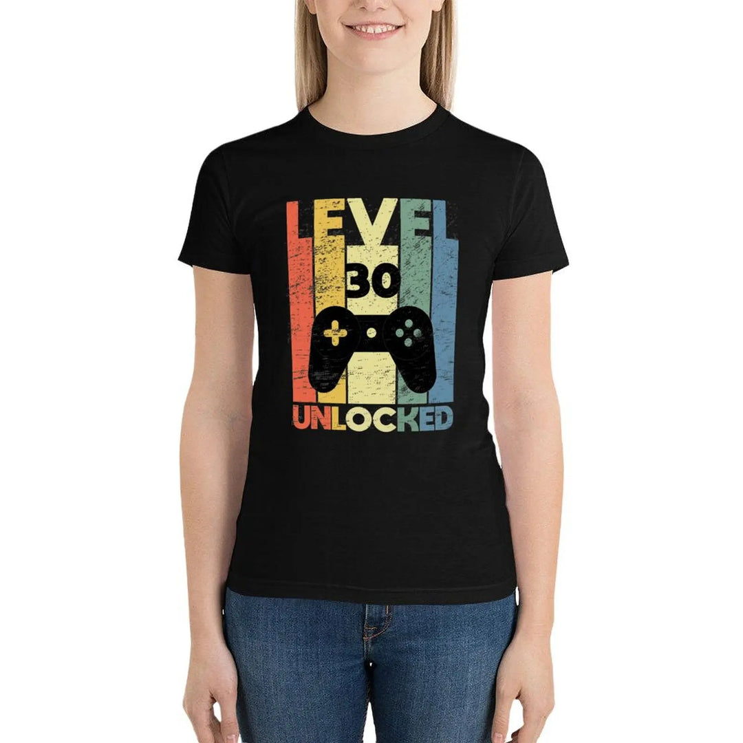 Level 30 Unlocked, Funny Video Gamer 30th Birthday gamer saying Gift T-Shirt korean fashion Female clothing tops for Women