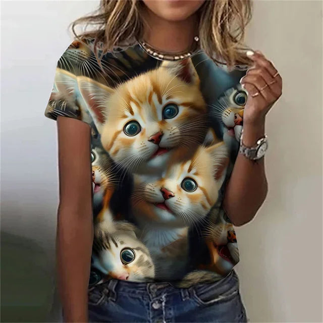 Fashion Women's T-shirt 3D Printed Kawaii Cat Pattern Short Sleeved Round neck Top Summer Outdoor Casual Street Simple Clothing