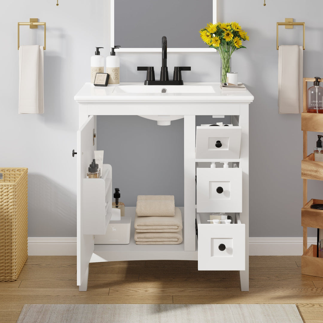 30 Inch Bathroom Vanity with Ceramic Sink, White Bathroom with 3