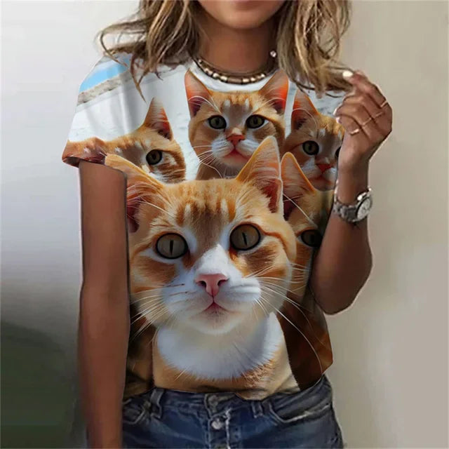 Fashion Women's T-shirt 3D Printed Kawaii Cat Pattern Short Sleeved Round neck Top Summer Outdoor Casual Street Simple Clothing