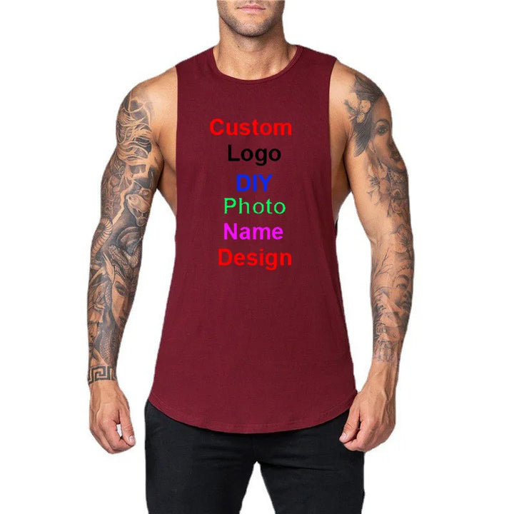 DIY Customized Logo Brand Gym Tank Top Men Cotton Muscle Sleeveless Shirt Workout Clothing Bodybuilding Singlets Vest Sportswear