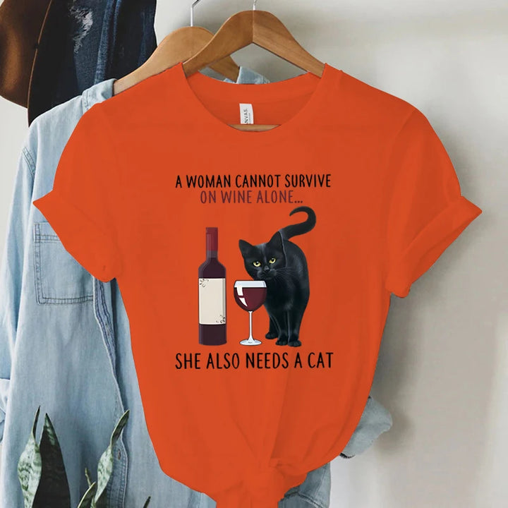 Trend Women Fashion Clothing Cat&wine Graphic T-shirts Clothes Black Cat Print Female Shirt Short Sleeve Lady Casual Tee Tops