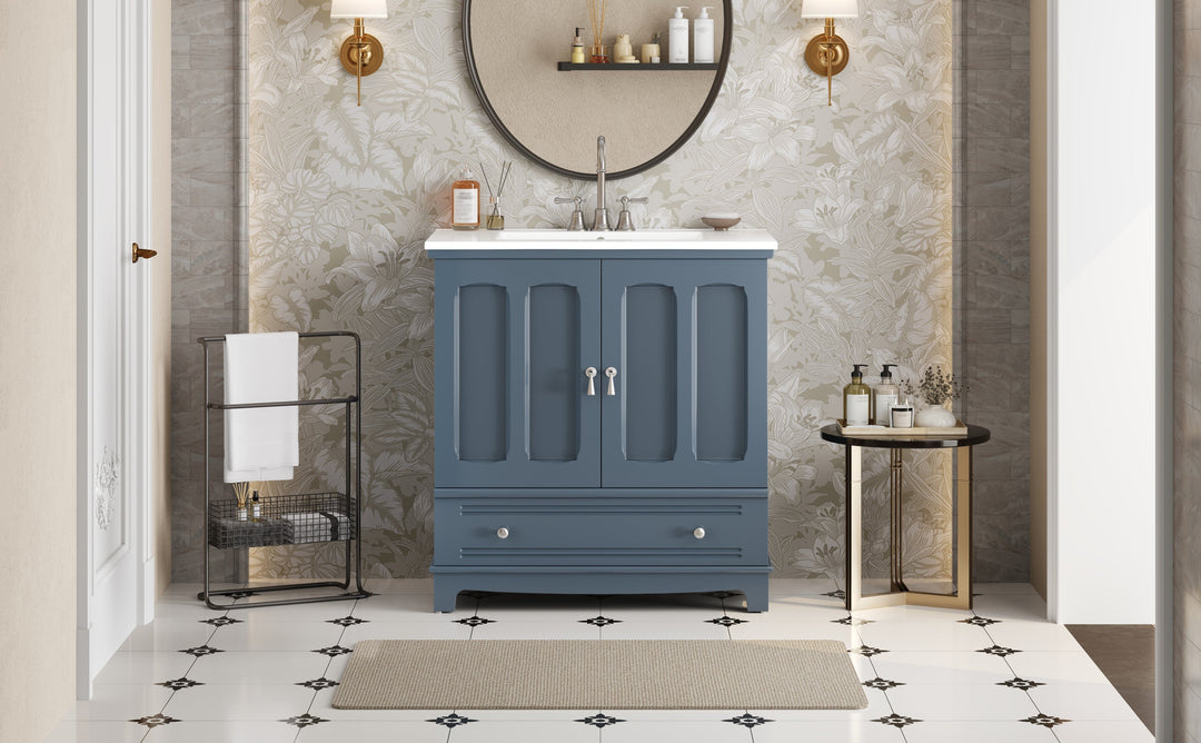 30' Bathroom Vanity with Ceramic Sink, Solid Wood Frame Bathroom Sink