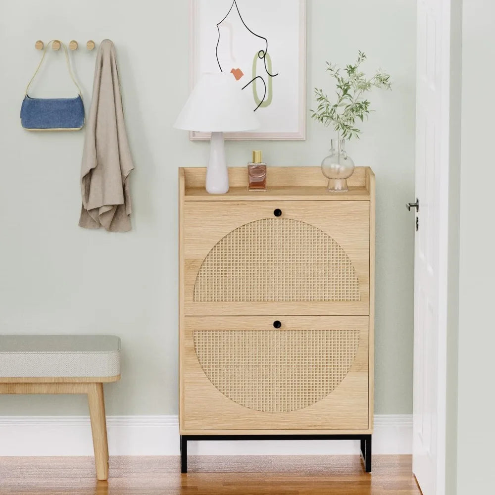 Shoe Cabinet with 2 Handmade Natural Rattan Flip Drawers, Entryway Shoe Rack Storage Organizer , Free Standing Shoe Racks
