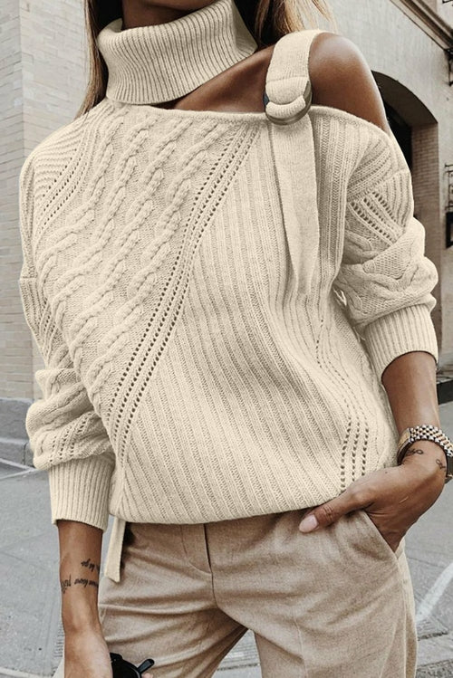 Strapped Cut out Shoulder Turtleneck Sweater