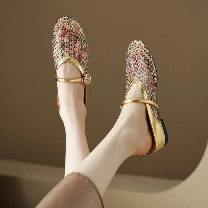 Fashion French Baotou Cutout Breathable Slippers 2025 Summer New Wear Rhinestone Heightening Single Shoes