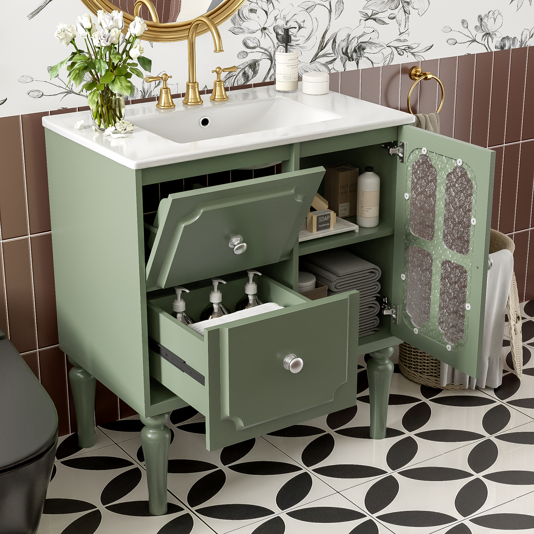 Retro Style 30'' Bathroom Vanity with Ceramic Sink Combo, Freestanding