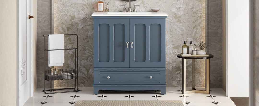 30' Bathroom Vanity with Ceramic Sink, Solid Wood Frame Bathroom Sink