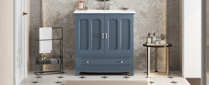 30' Bathroom Vanity with Ceramic Sink, Solid Wood Frame Bathroom Sink