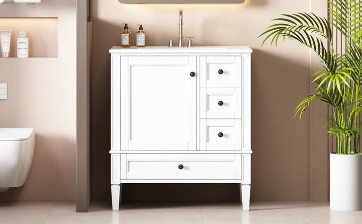 30 Inch Bathroom Vanity with Ceramic Sink, White Bathroom with 3