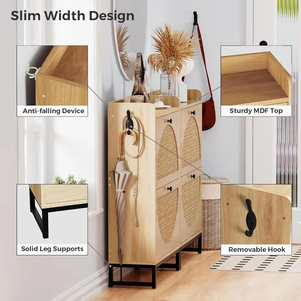 Shoe Cabinet with 2 Handmade Natural Rattan Flip Drawers, Entryway Shoe Rack Storage Organizer , Free Standing Shoe Racks