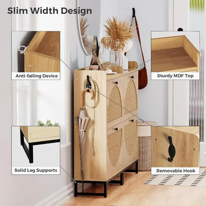 Shoe Cabinet with 2 Handmade Natural Rattan Flip Drawers, Entryway Shoe Rack Storage Organizer , Free Standing Shoe Racks