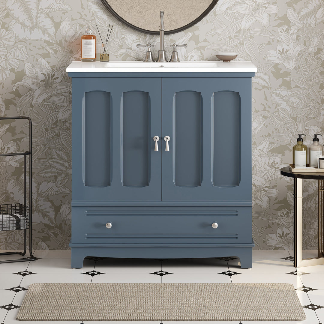 30' Bathroom Vanity with Ceramic Sink, Solid Wood Frame Bathroom Sink