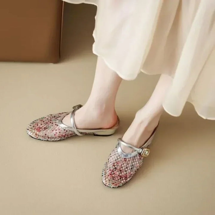 Fashion French Baotou Cutout Breathable Slippers 2025 Summer New Wear Rhinestone Heightening Single Shoes