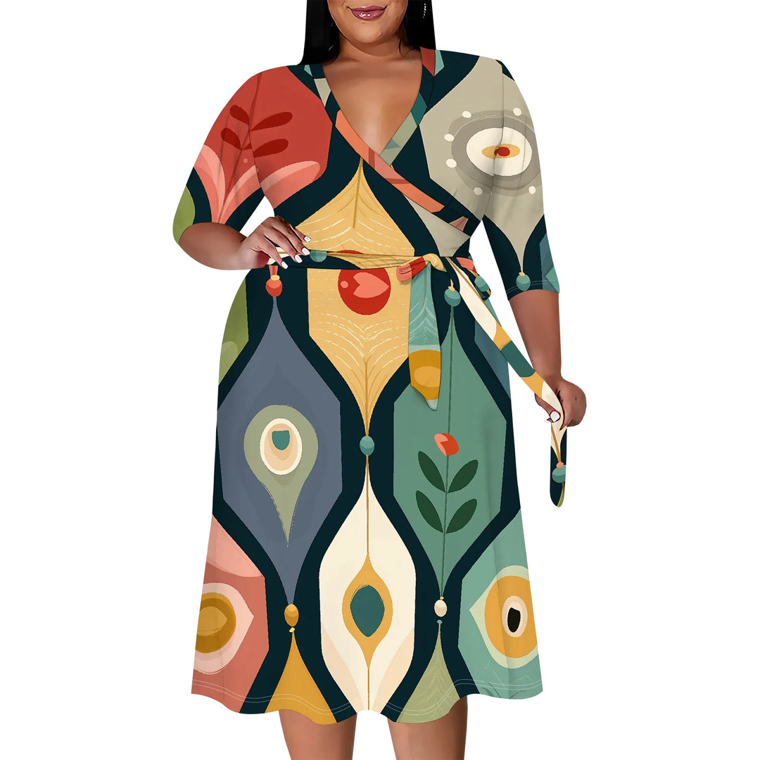 Plus Size V-Neck Wrap Midi Dress Abstract Dot Print Artistic Style Half Sleeve Summer Look