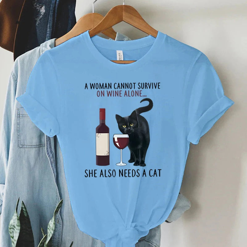 Trend Women Fashion Clothing Cat&wine Graphic T-shirts Clothes Black Cat Print Female Shirt Short Sleeve Lady Casual Tee Tops