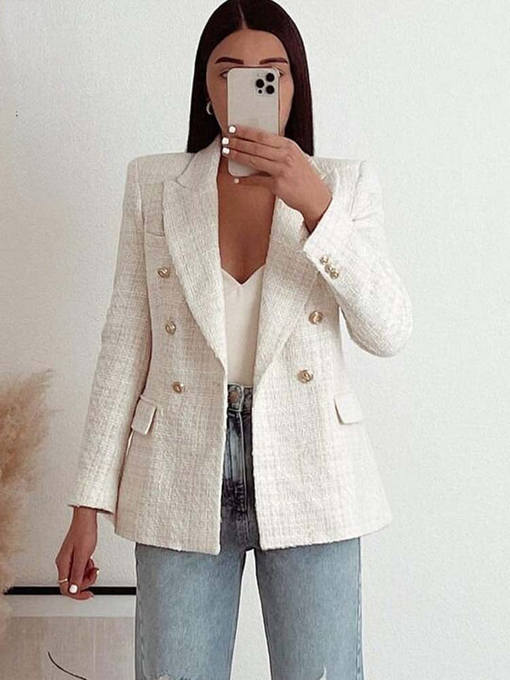 Women Jacket Double Breasted Tweed Blazer Coat