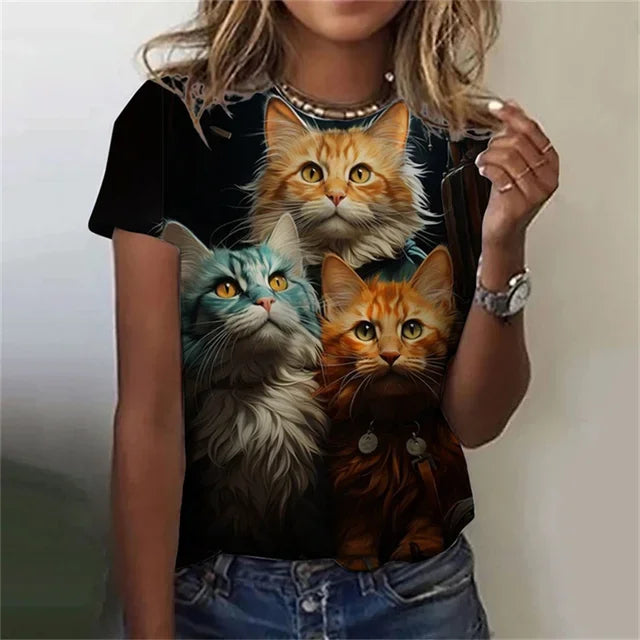 Fashion Women's T-shirt 3D Printed Kawaii Cat Pattern Short Sleeved Round neck Top Summer Outdoor Casual Street Simple Clothing