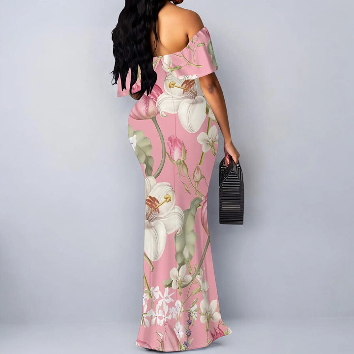 Pink Floral Print Off Shoulder Ruffle Maxi Dress Women Slim Fit Elegant Summer Party Dress