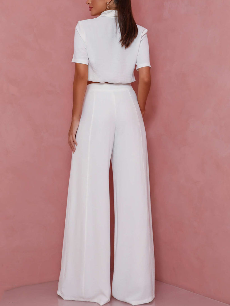 Lapel Buttoned Shirts + High Waist Long Pants Suits