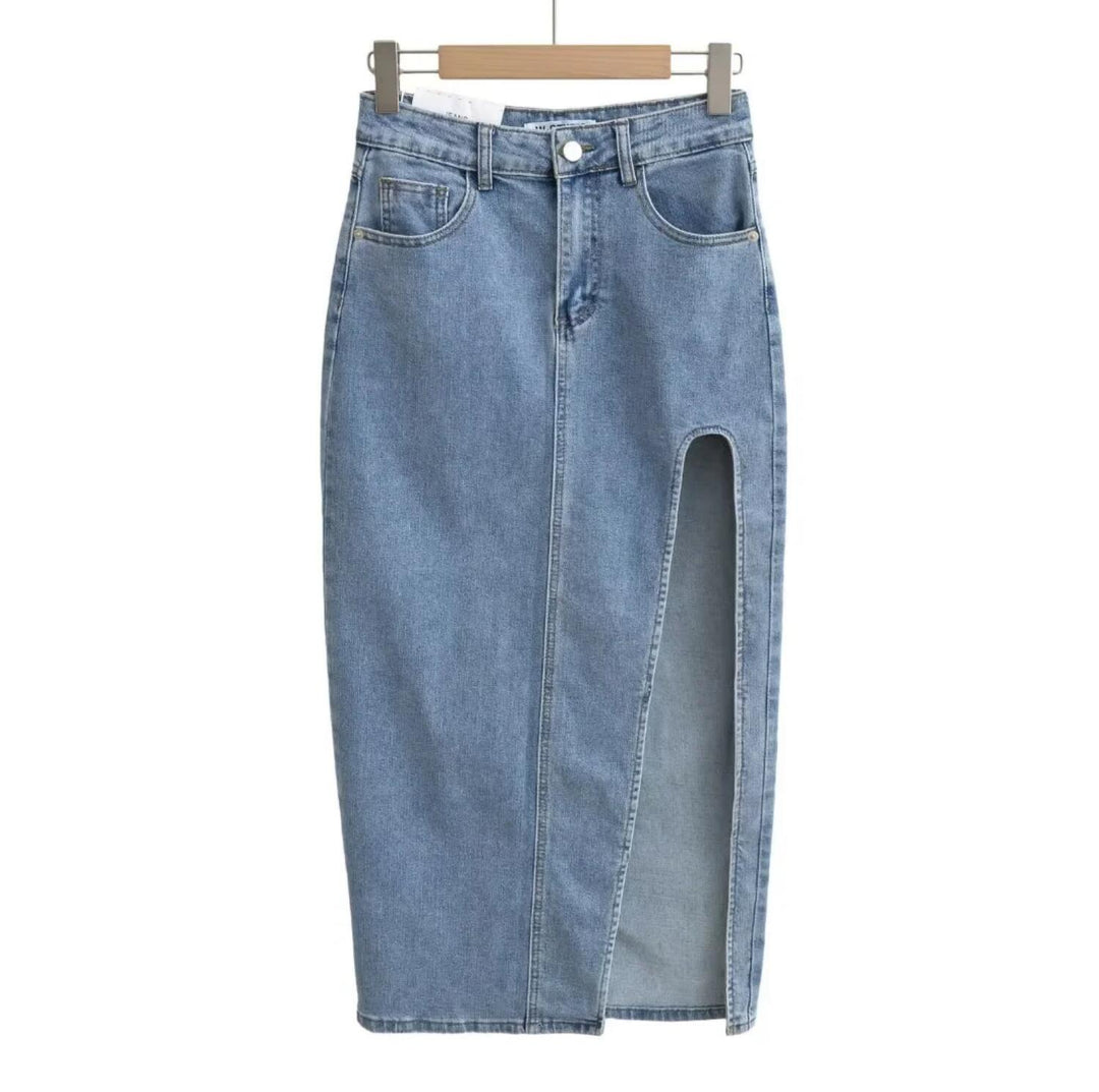 Retro Sexy Blue Front Cut Out Slit Denim Skirt