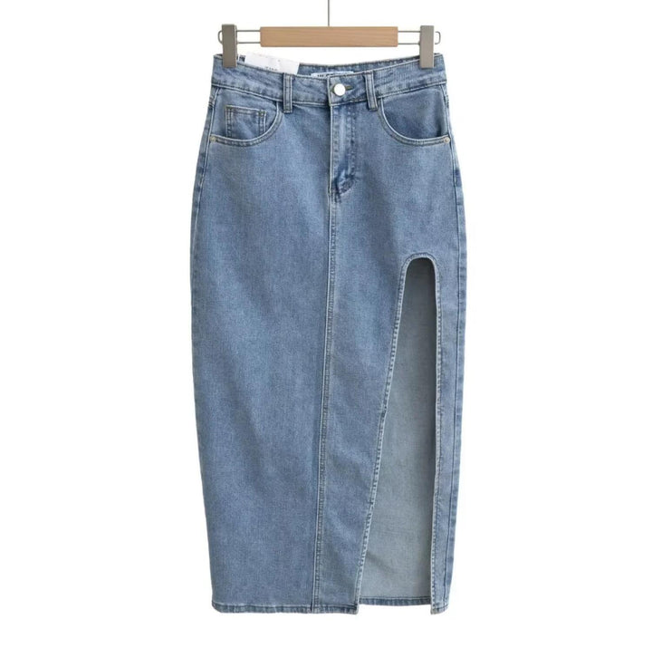 Retro Sexy Blue Front Cut Out Slit Denim Skirt