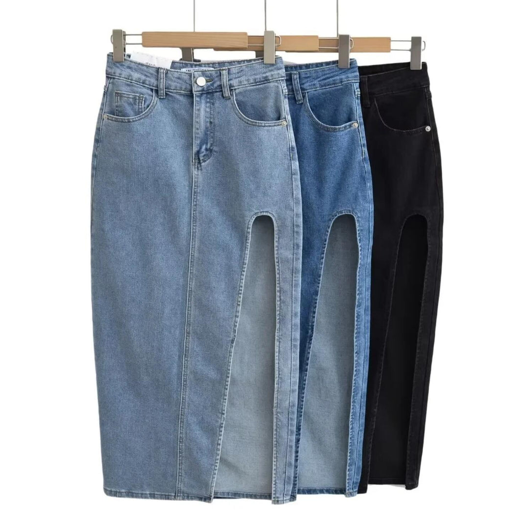 Retro Sexy Blue Front Cut Out Slit Denim Skirt