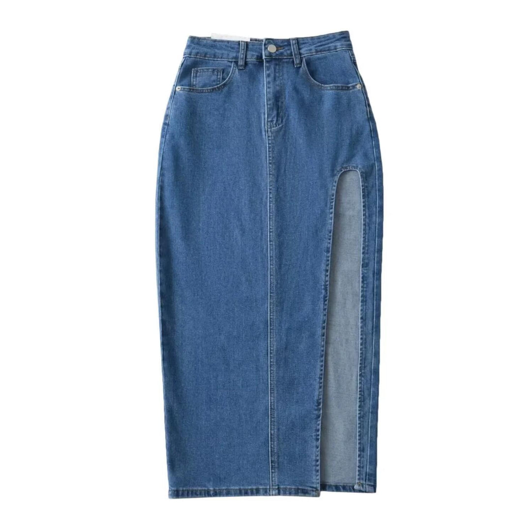 Retro Sexy Blue Front Cut Out Slit Denim Skirt