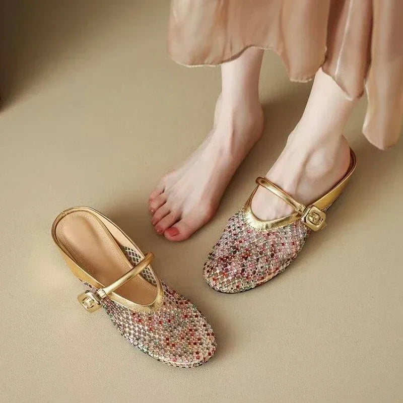 Fashion French Baotou Cutout Breathable Slippers 2025 Summer New Wear Rhinestone Heightening Single Shoes
