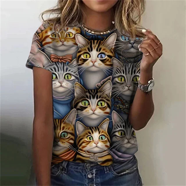 Fashion Women's T-shirt 3D Printed Kawaii Cat Pattern Short Sleeved Round neck Top Summer Outdoor Casual Street Simple Clothing