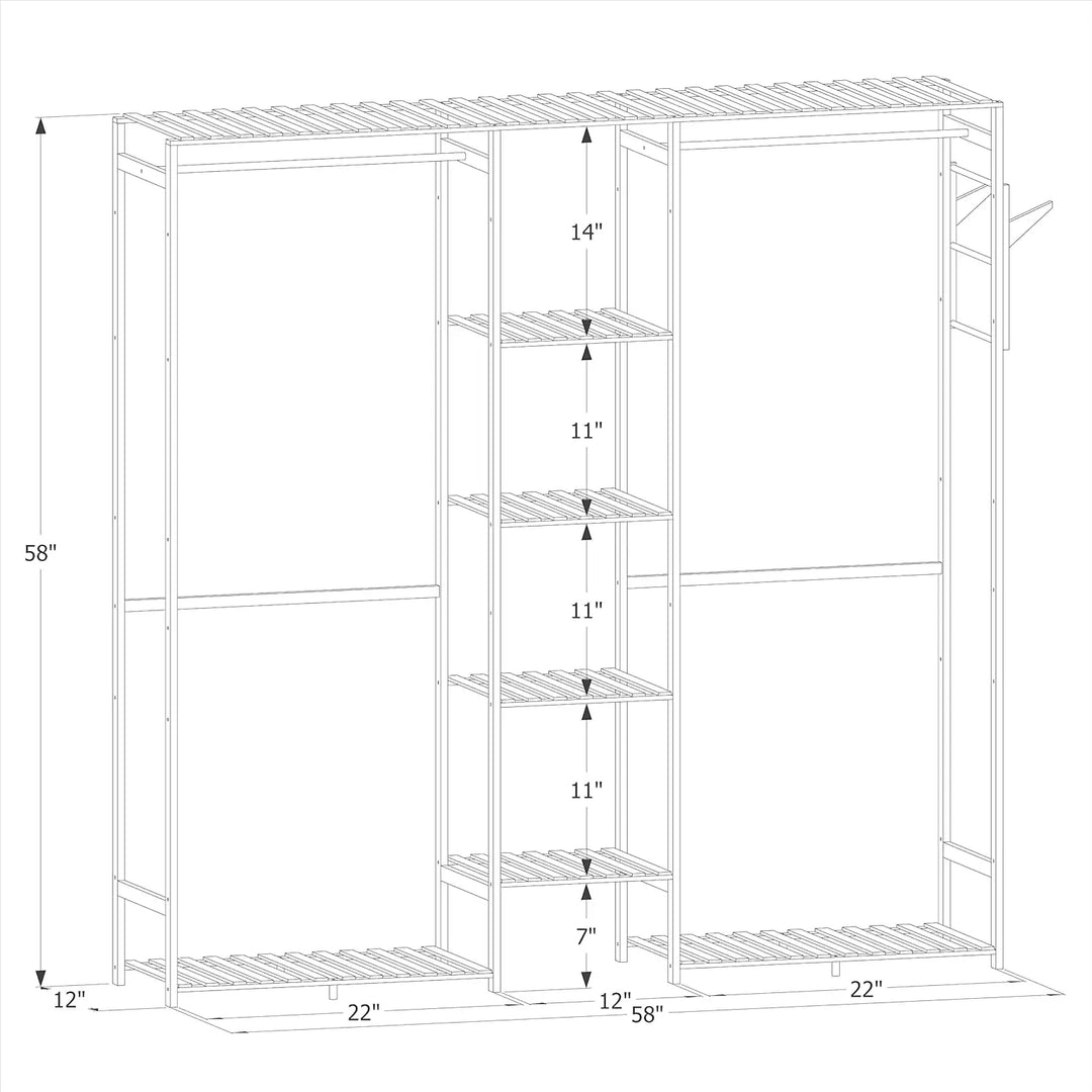 Bamboo Clothes Rack with Double Rods and Storage Shelves Free Standing Open Wardrobe Rack for Hanging Clothes and Storage for Be