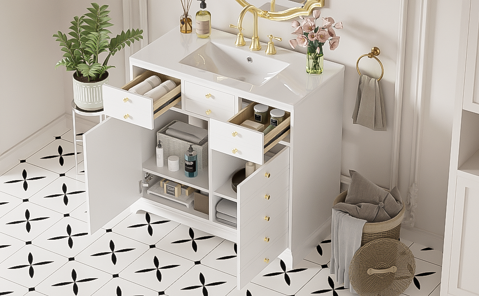 36'' Bathroom Vanity with Ceramic Sink Combo, Solid Wood Frame