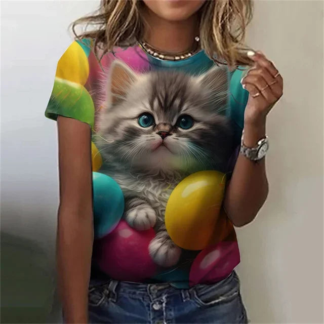 Fashion Women's T-shirt 3D Printed Kawaii Cat Pattern Short Sleeved Round neck Top Summer Outdoor Casual Street Simple Clothing