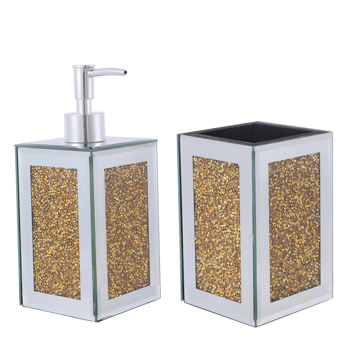 Square Soap Dispenser and Toothbrush Holder in Gift Box, Gold Crushed