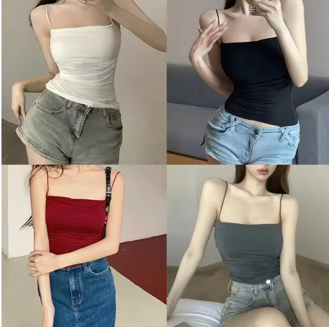 New Women's Halter Top Summer Korean Style Trend Fashion Built-In Women's Bra Stretch Women's Beach Everyday Casual Tank Top