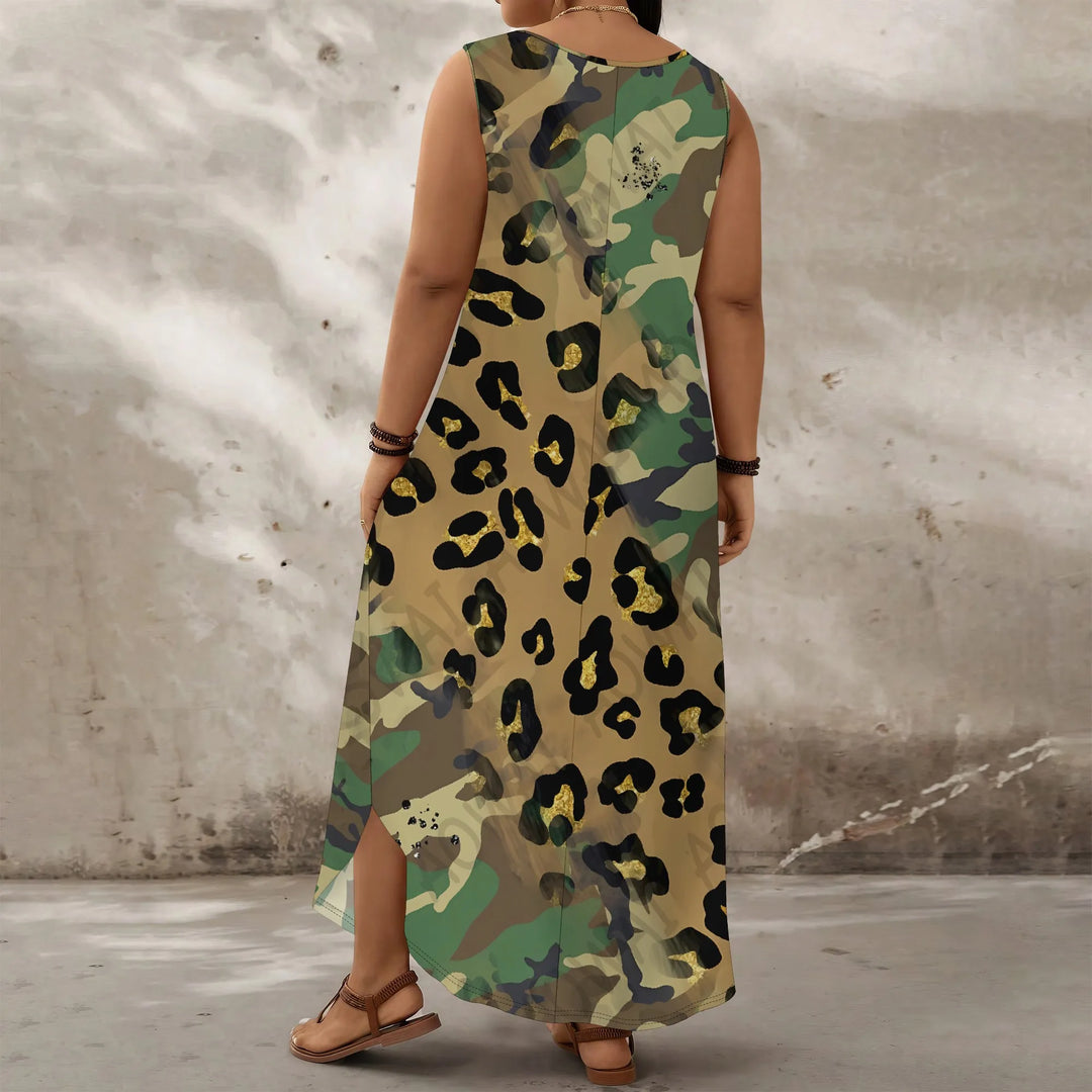 Plus Size Sleeveless Maxi Dress Camouflage Leopard Print Casual Loose Fit Summer Beach Long Dress