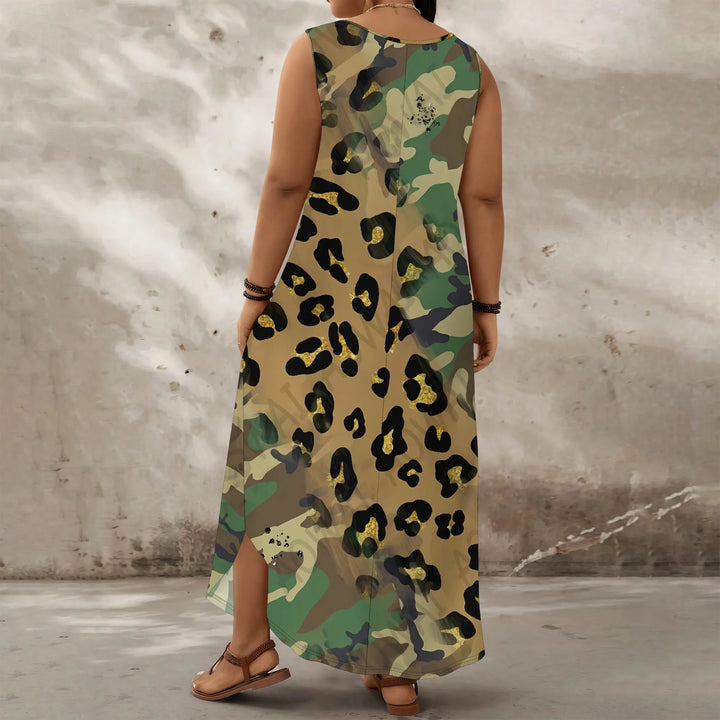 Plus Size Sleeveless Maxi Dress Camouflage Leopard Print Casual Loose Fit Summer Beach Long Dress