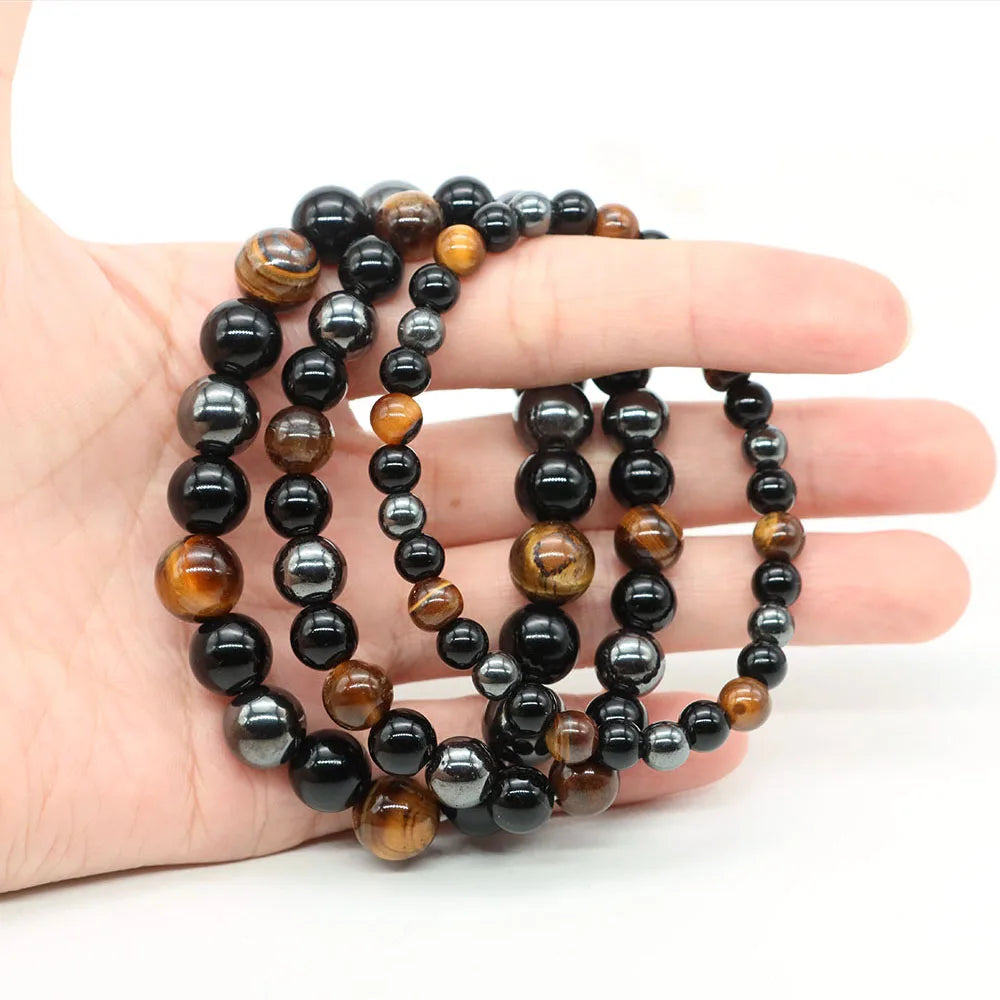 Triple Protection Bracelet Natural Hematite Obsidian Tiger Eye Stone Beads Bracelets Magnetic Health Weight Loss Women Jewelry