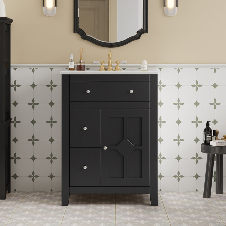 24' Modern Bathroom Vanity with Ceramic Basin, Restroom Basin Cabinet