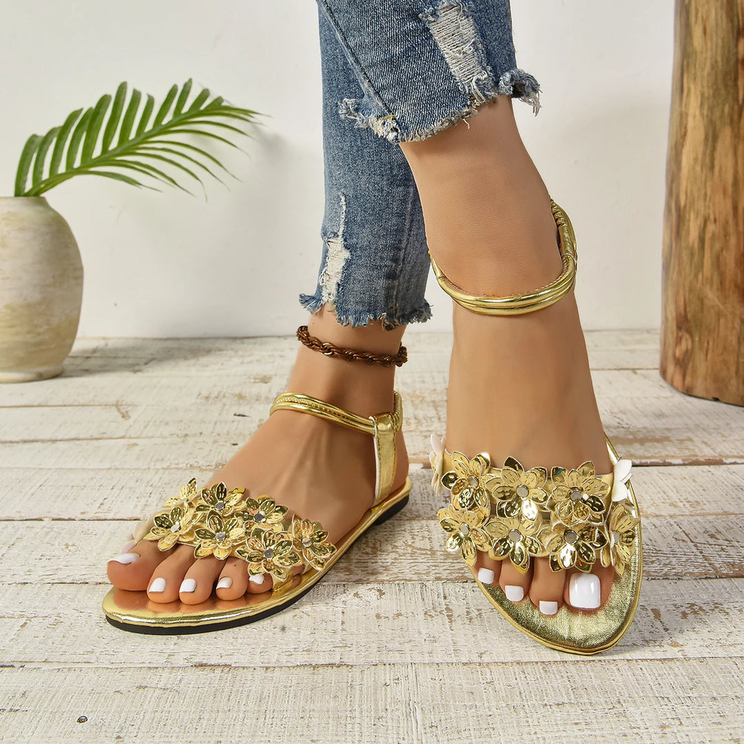 Sandals Plus Size Shiny Flower Women Summer New Round Toe Comfortable Beach Soft Sole Non-slip Outer Wear Flat Sandals