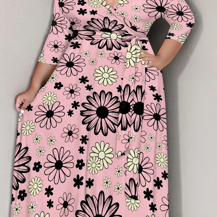 Plus Size Pink Floral Print Maxi Dress 3/4 Sleeve V Neck Belted A-Line Long Dress for Spring Vacation