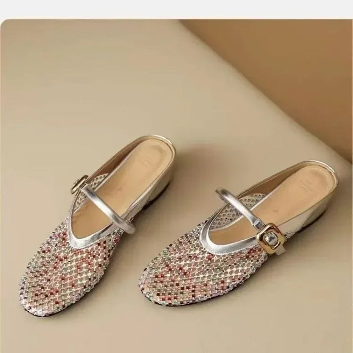 Fashion French Baotou Cutout Breathable Slippers 2025 Summer New Wear Rhinestone Heightening Single Shoes