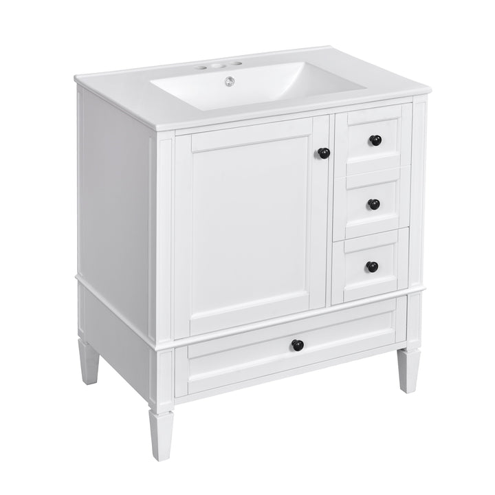 30 Inch Bathroom Vanity with Ceramic Sink, White Bathroom with 3