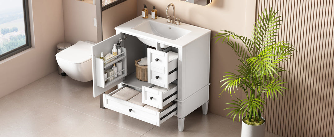 30 Inch Bathroom Vanity with Ceramic Sink, White Bathroom with 3