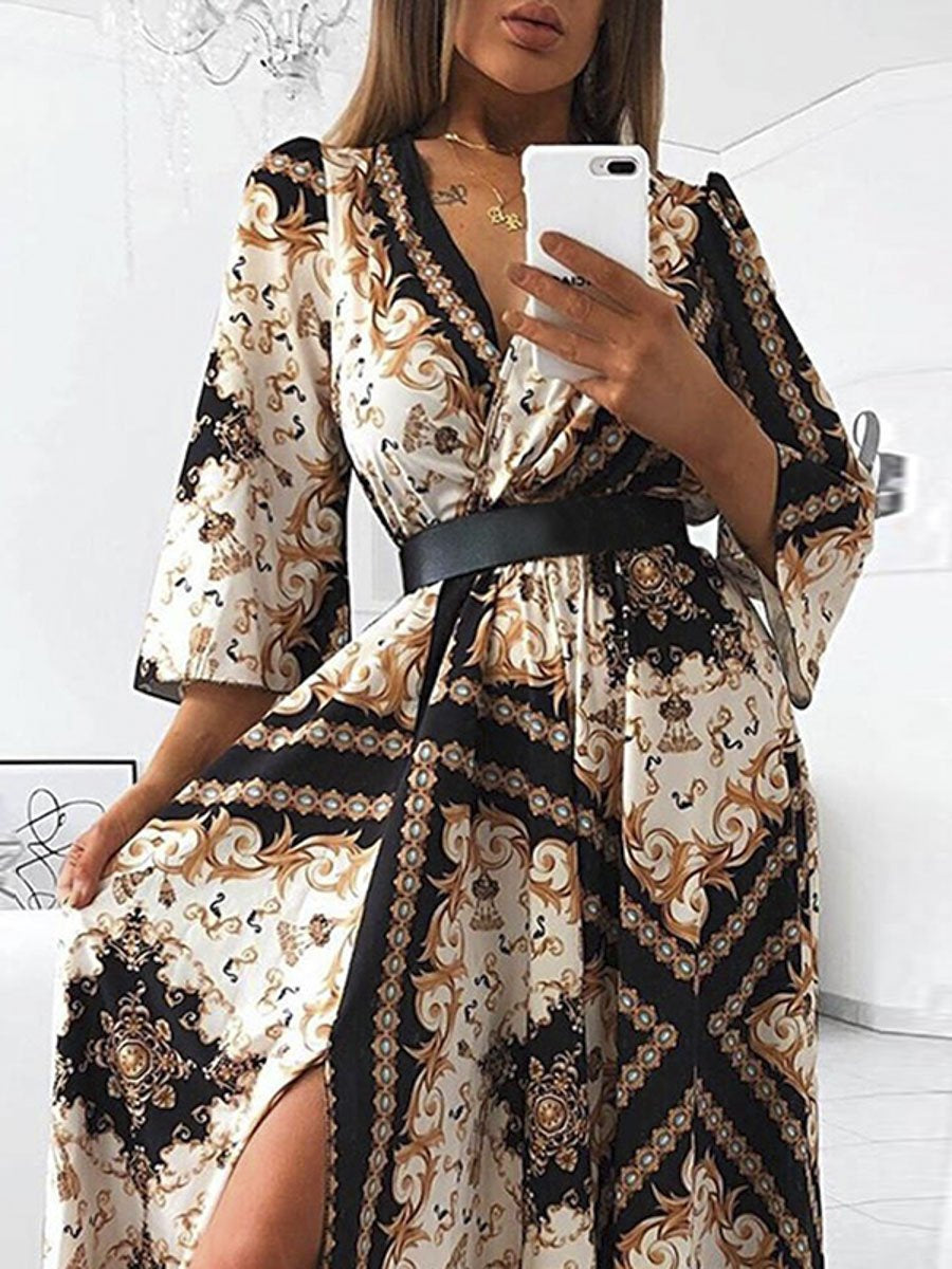Long sleeve print sexy long maxi bodycon dress