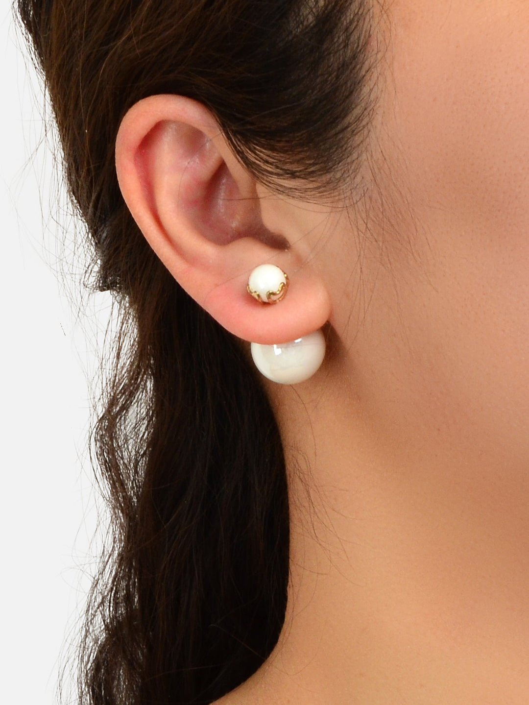 Elegant Jewellery White Beaded Double Ball Ear Jacket Front Back Stud